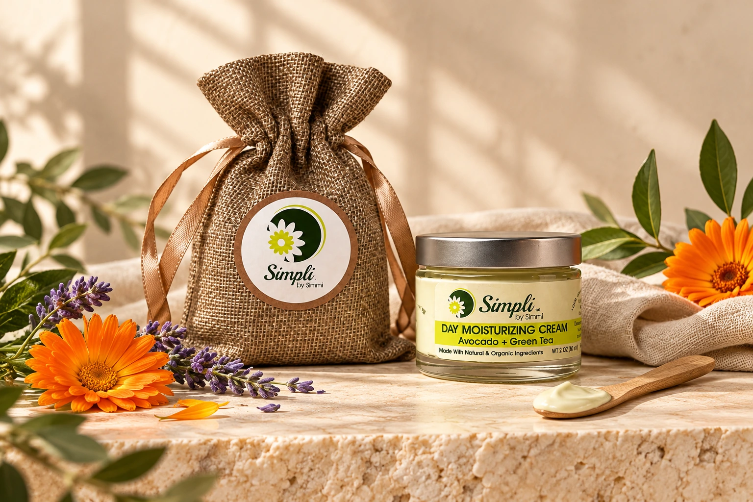 Simpli by Simmi pouch and day cream styled with natural botanicals and linen