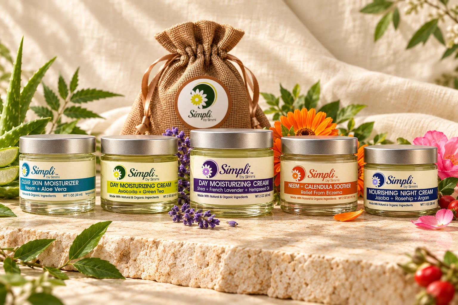 Five Simpli by Simmi skincare creams beside the branded brown woven pouch
